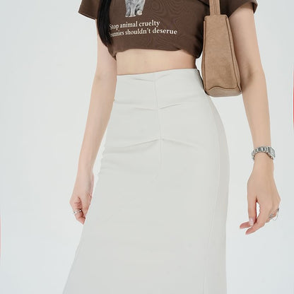 High Waist Plain Ruched Midi Fishtail Skirt