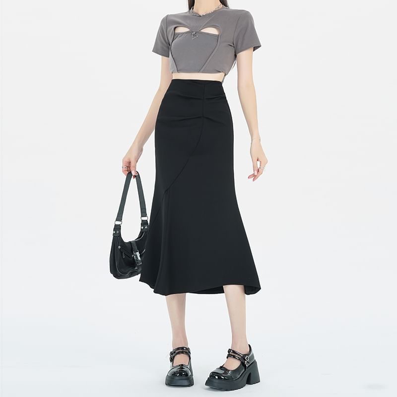 High Waist Plain Ruched Midi Fishtail Skirt