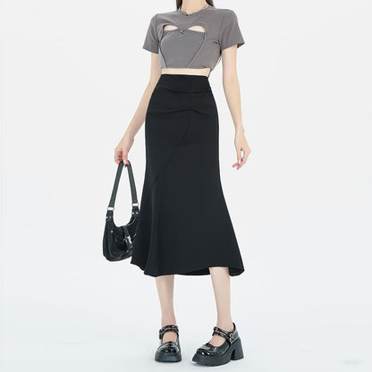 High Waist Plain Ruched Midi Fishtail Skirt