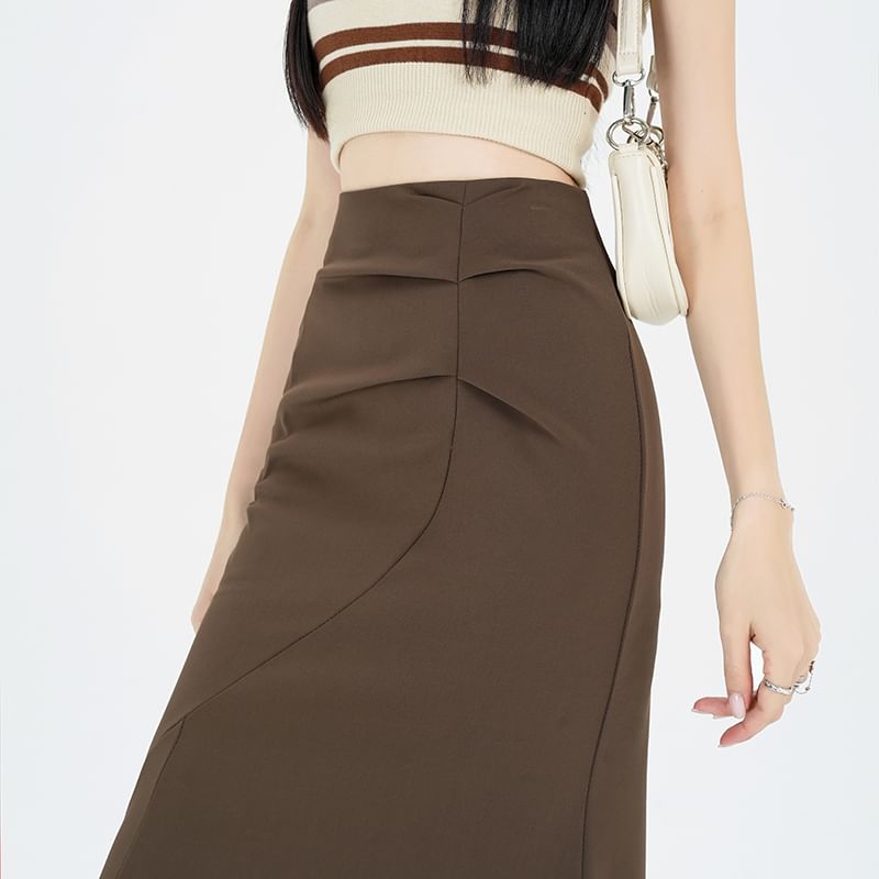 High Waist Plain Ruched Midi Fishtail Skirt