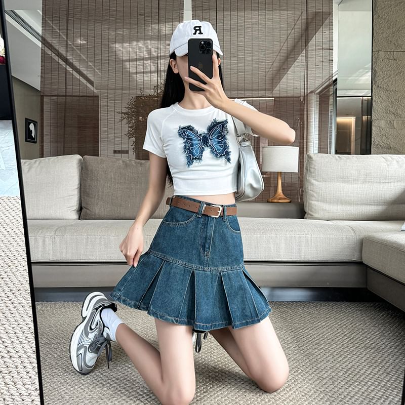 High Rise Pleated Denim Mini A-Line Skirt