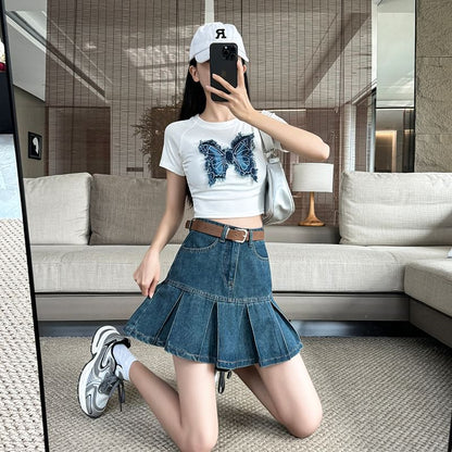 High Rise Pleated Denim Mini A-Line Skirt