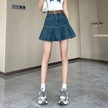 High Rise Pleated Denim Mini A-Line Skirt