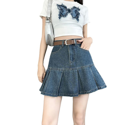 High Rise Pleated Denim Mini A-Line Skirt