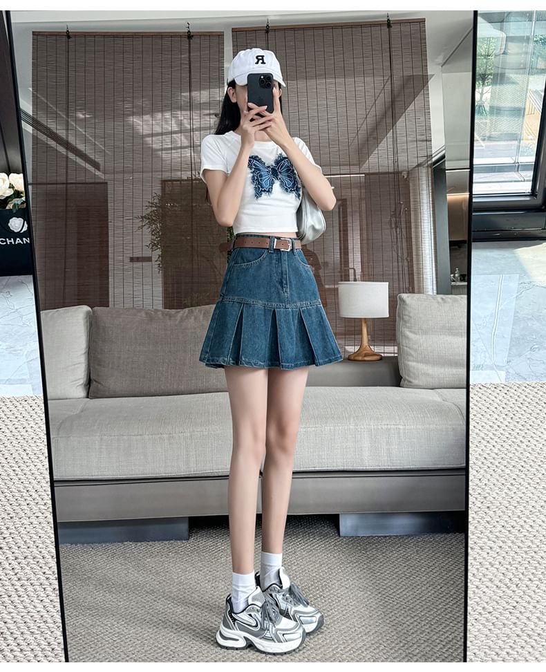 High Rise Pleated Denim Mini A-Line Skirt