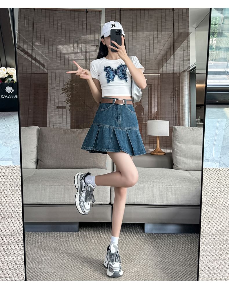 High Rise Pleated Denim Mini A-Line Skirt