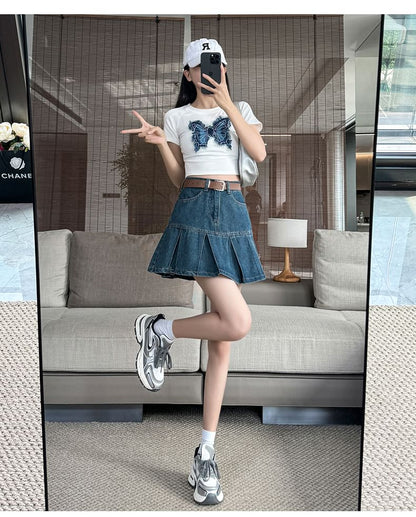 High Rise Pleated Denim Mini A-Line Skirt