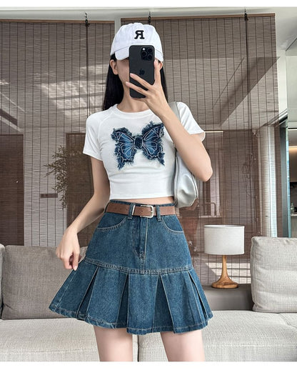 High Rise Pleated Denim Mini A-Line Skirt