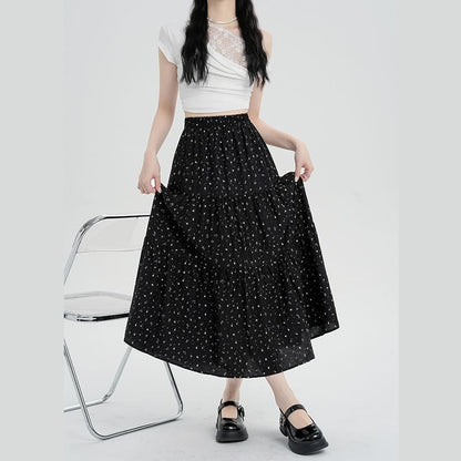 Elastic Waist Floral Tiered Midi A-Line Skirt