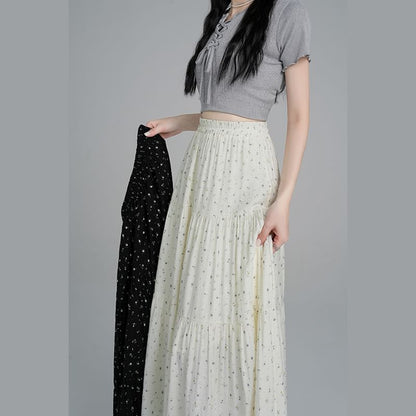 Elastic Waist Floral Tiered Midi A-Line Skirt