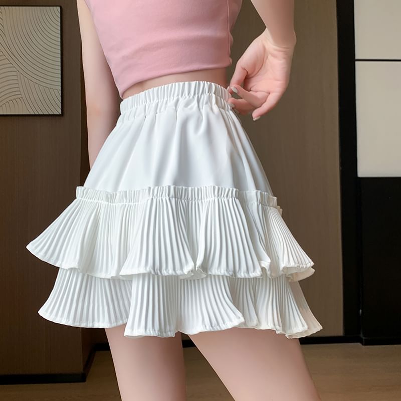 Plain Waist Mini Pleated Elastic A-Line Tiered Skirt Accordion