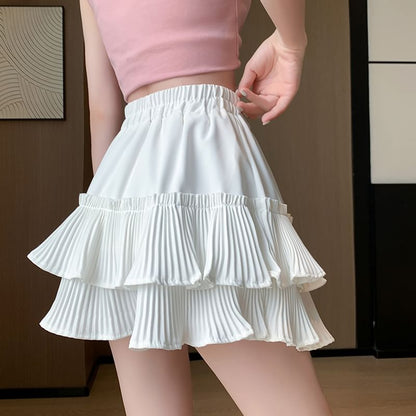Plain Waist Mini Pleated Elastic A-Line Tiered Skirt Accordion