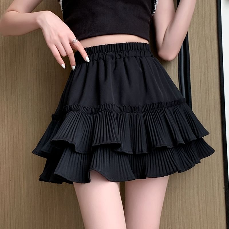 Plain Waist Mini Pleated Elastic A-Line Tiered Skirt Accordion