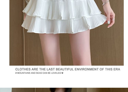 Plain Waist Mini Pleated Elastic A-Line Tiered Skirt Accordion