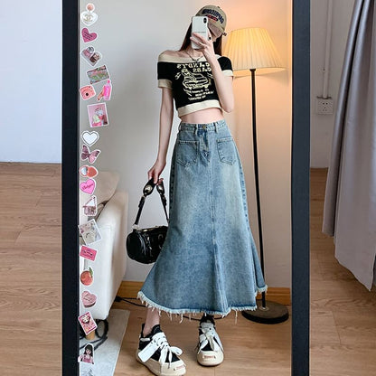 High Waist Fringed Denim Midi A-Line Skirt