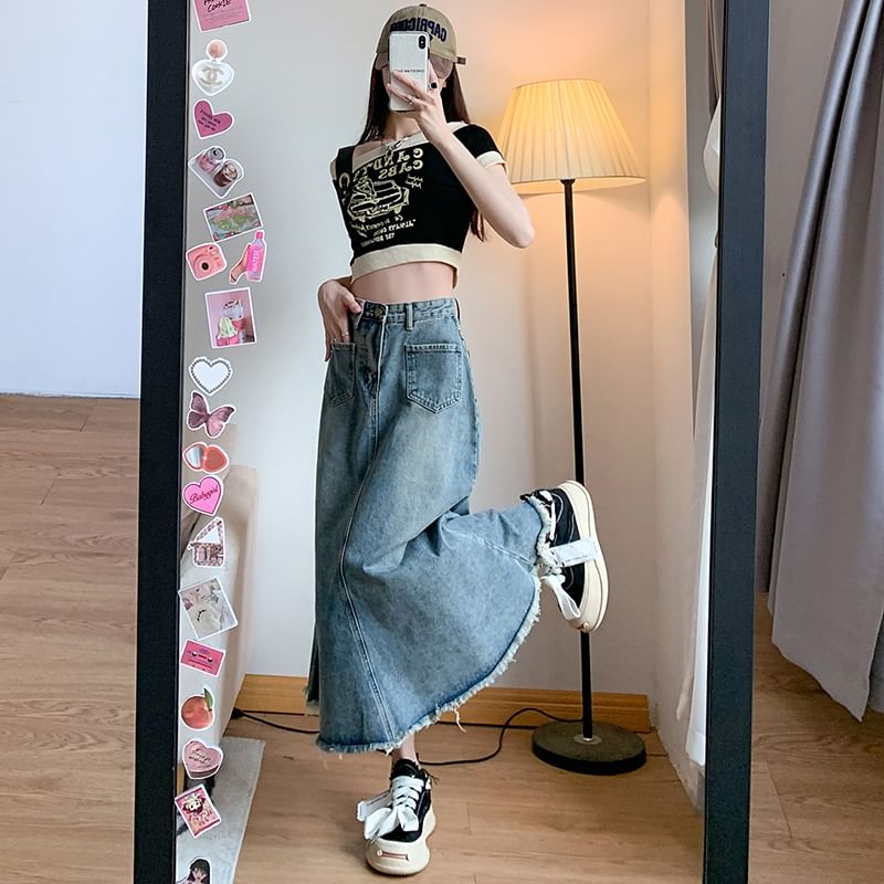 High Waist Fringed Denim Midi A-Line Skirt