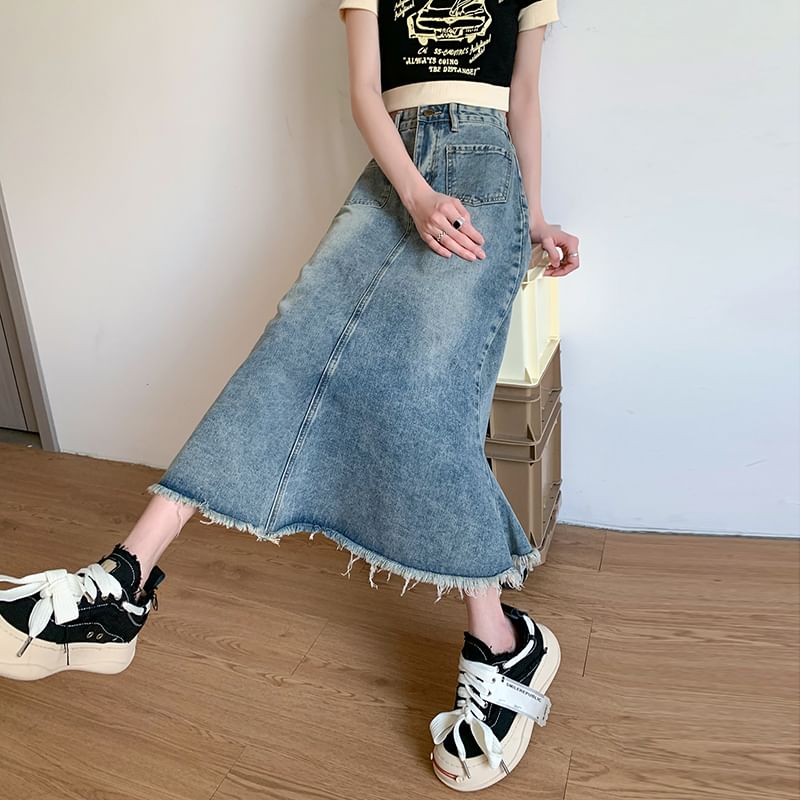 High Waist Fringed Denim Midi A-Line Skirt