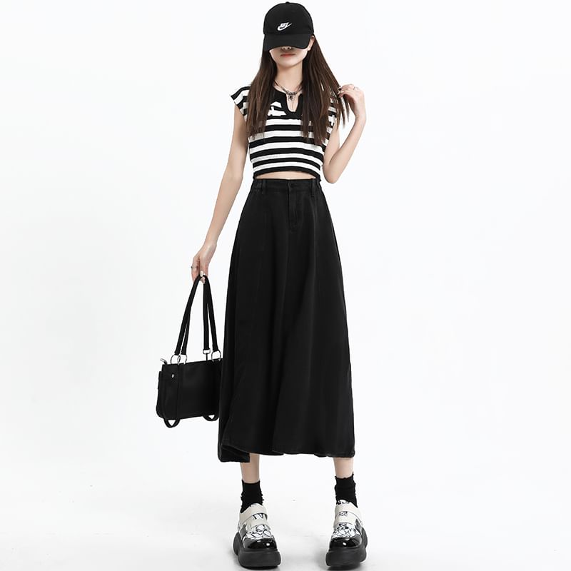 Skirt A-Line High Midi Plain Denim Rise