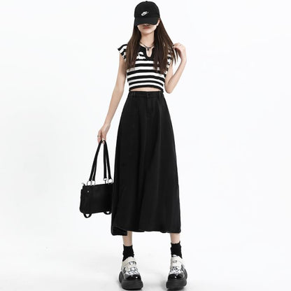 Skirt A-Line High Midi Plain Denim Rise
