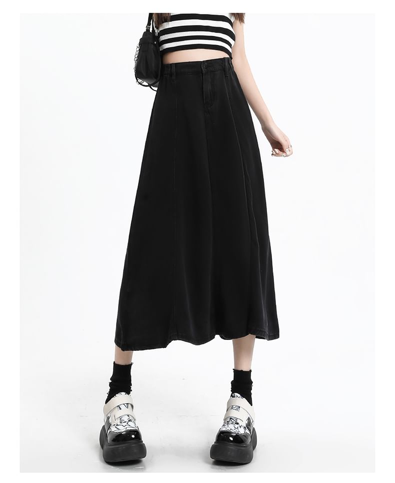 Skirt A-Line High Midi Plain Denim Rise