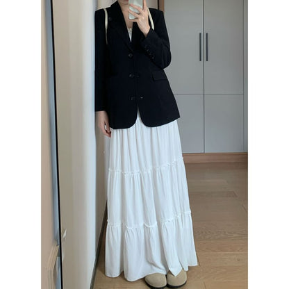 Elastic Waist Plain Tiered Maxi A-Line Skirt