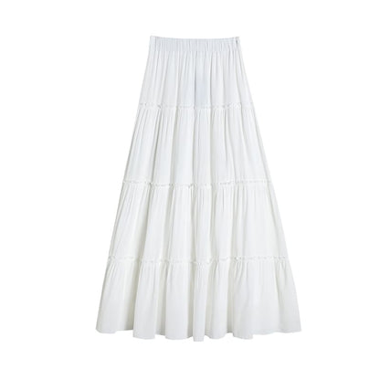 Elastic Waist Plain Tiered Maxi A-Line Skirt