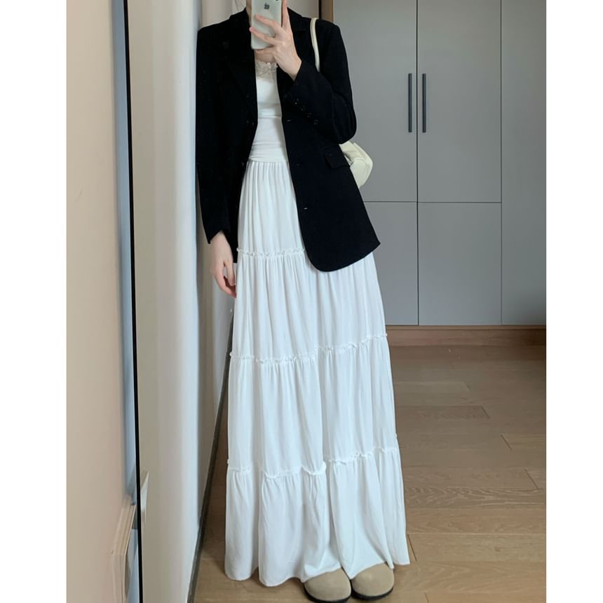 Elastic Waist Plain Tiered Maxi A-Line Skirt