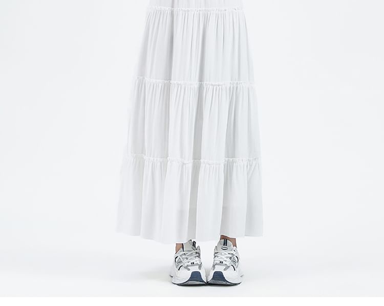 Elastic Waist Plain Tiered Maxi A-Line Skirt