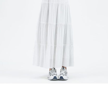 Elastic Waist Plain Tiered Maxi A-Line Skirt