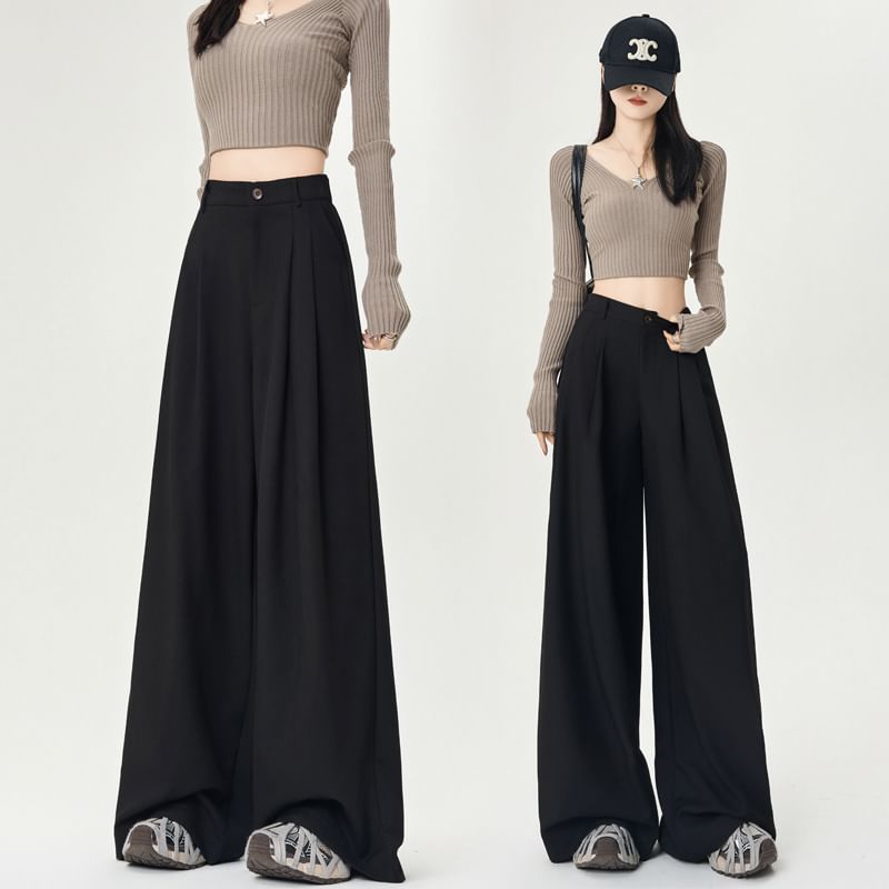 Plain Wide Pants High Dress Rise Leg