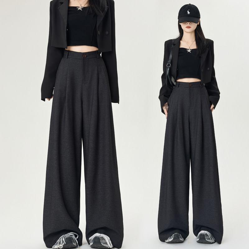 Plain Wide Pants High Dress Rise Leg