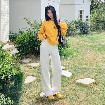 Leg Suit Rise High Pants Washed Wide Plain Designs) (Various