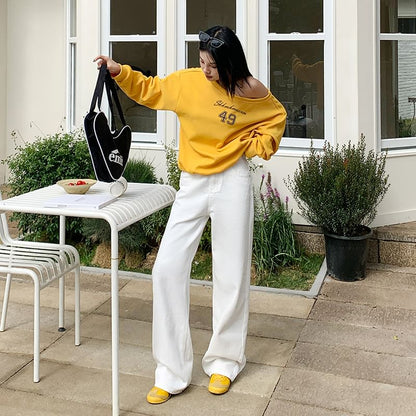 Leg Suit Rise High Pants Washed Wide Plain Designs) (Various