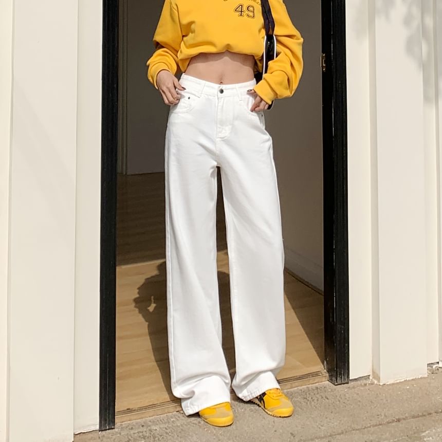 Leg Suit Rise High Pants Washed Wide Plain Designs) (Various