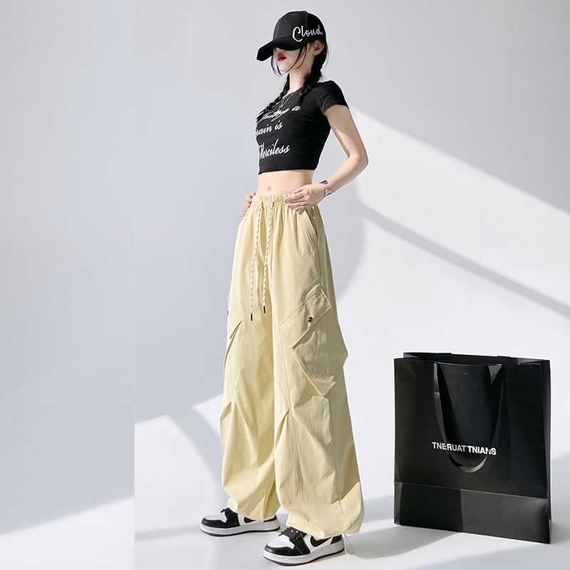 Leg Wide Pants Drawstring Plain Waist Cargo