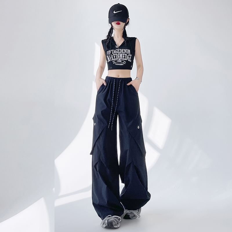 Leg Wide Pants Drawstring Plain Waist Cargo