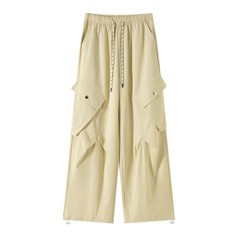 Leg Wide Pants Drawstring Plain Waist Cargo