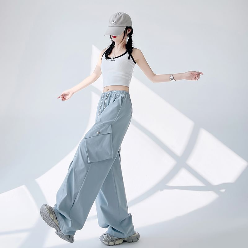 Leg Wide Pants Drawstring Plain Waist Cargo