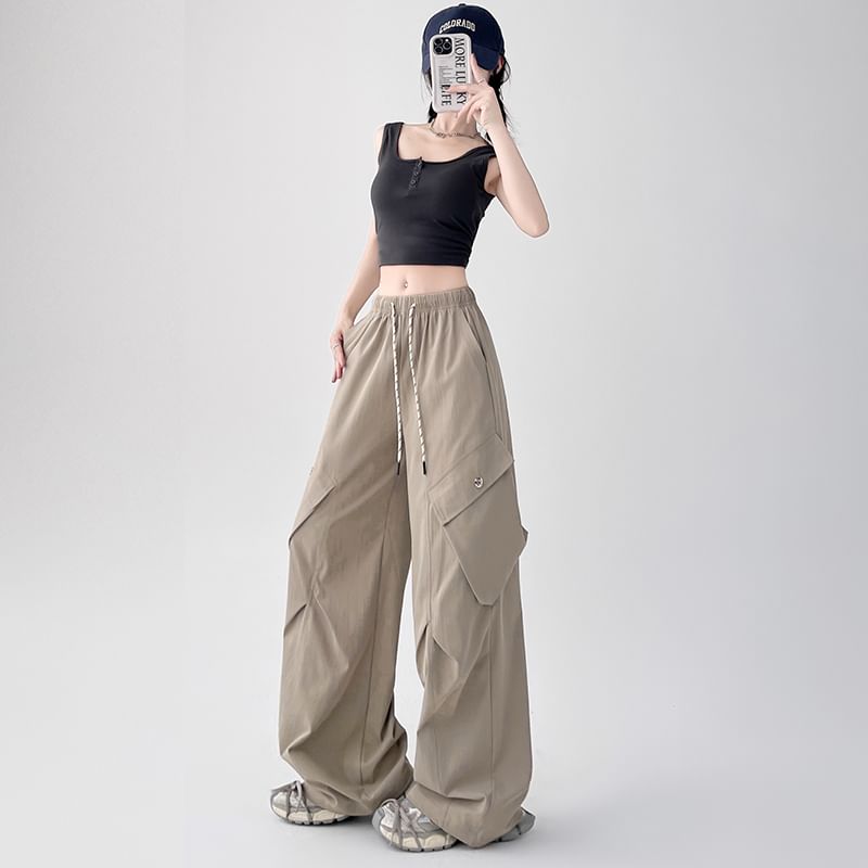 Leg Wide Pants Drawstring Plain Waist Cargo