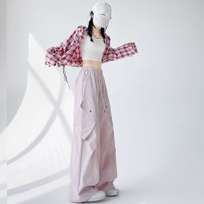 Leg Wide Pants Drawstring Plain Waist Cargo