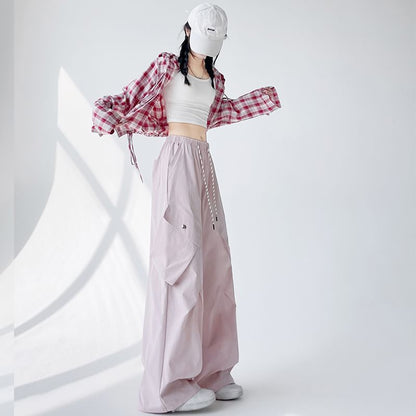 Leg Wide Pants Drawstring Plain Waist Cargo
