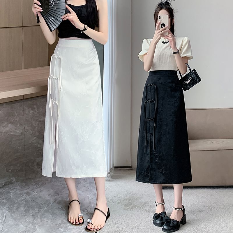 Slit Skirt Waist A-Line Jacquard Midi Floral Button Frog High