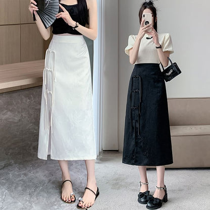 Slit Skirt Waist A-Line Jacquard Midi Floral Button Frog High