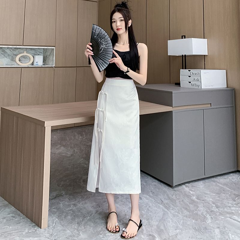 Slit Skirt Waist A-Line Jacquard Midi Floral Button Frog High