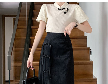 Slit Skirt Waist A-Line Jacquard Midi Floral Button Frog High