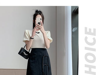 Slit Skirt Waist A-Line Jacquard Midi Floral Button Frog High