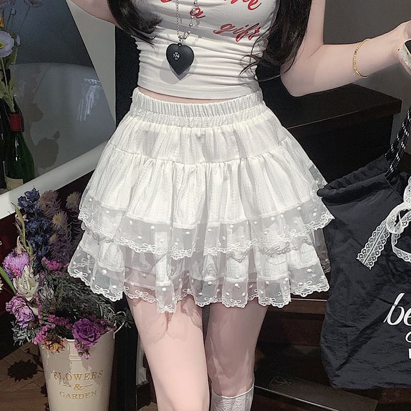 Elastic Waist Plain  Tiered Lace Trim Mini A-Line Skirt