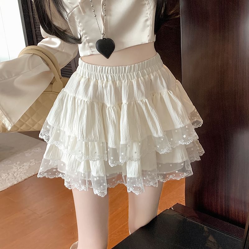 Elastic Waist Plain  Tiered Lace Trim Mini A-Line Skirt