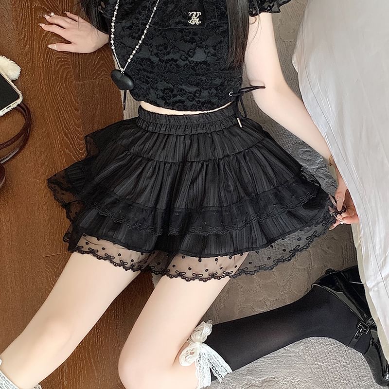 Elastic Waist Plain  Tiered Lace Trim Mini A-Line Skirt