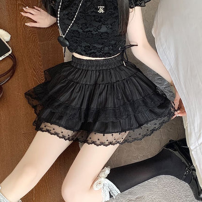 Elastic Waist Plain  Tiered Lace Trim Mini A-Line Skirt